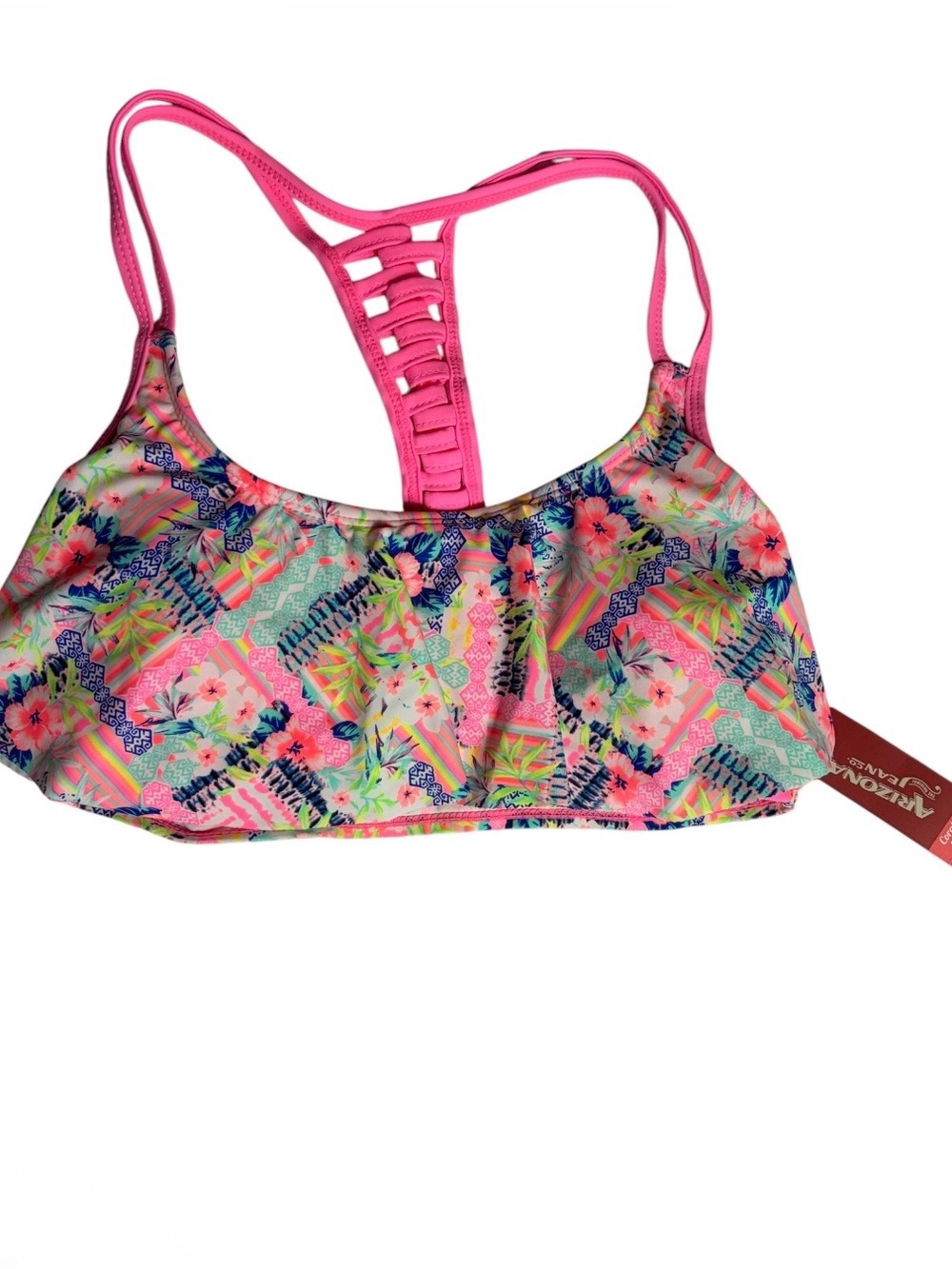 NWT neon pink tropical floral racer back bikini top size M